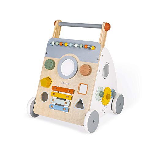 Janod - Carro Multiactividad Sweet Cocoon - Carro de Madera para aprender a caminar - 9 Actividades - Ruedas Silenciosas, Pintura al Agua - Juguete Infantil Adaptable desde los 12 meses, J04410