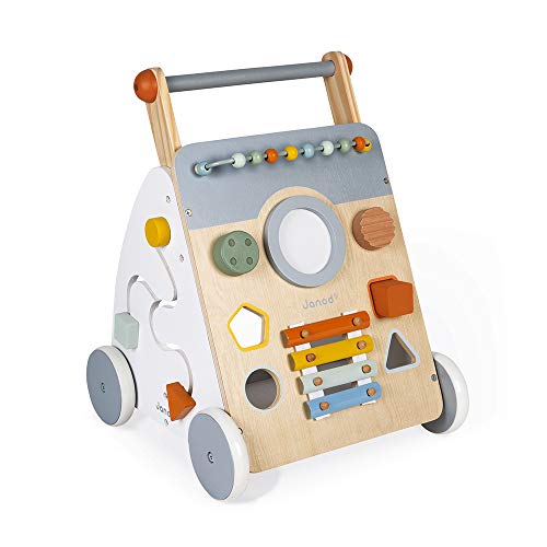 Janod - Carro Multiactividad Sweet Cocoon - Carro de Madera para aprender a caminar - 9 Actividades - Ruedas Silenciosas, Pintura al Agua - Juguete Infantil Adaptable desde los 12 meses, J04410