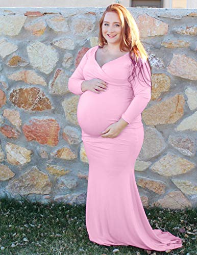 JENJON Mujer Premamá Vestido Elegant Maternidad Foto Shoot Maxi Ropa Vestido de Fiesta Ceremonia Manga Larga Dress Rosa M