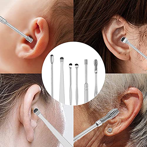 JeoPoom 6 ​Piezas Limpiador de Oídos, Juego de Limpieza de Oídos Portátil, Cuchara para Oído, Acero Inoxidable ear Cleaner con Caja de Almacenamiento, para Niños, Adolescentes y Adultos(Plata)