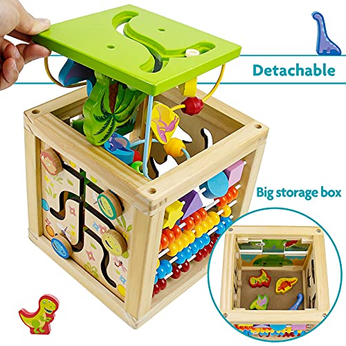 jerryvon Juguetes de Madera Cubo de Actividades Dinosaurios Laberinto Ábaco Cubo Juguetes Niños 5 en 1 Multifuncional Juegos Educativo Juguetes Bebes Madera Pascua Regalos para Niños Niñas 3 4 5 Años