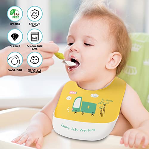 JINPXI Baberos Bebé Silicona Impermeable, Babero de Alimentación con Bolsillo de 4 a 36 meses, Fáciles de Lavar y Suave Ajustable, Que Recoge la Comida Derramada, Regalo Ideal para Bebés y Niños