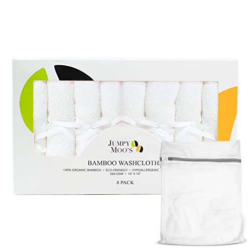 JM Toallitas Bambu – Toallitas Recien Nacido Perfectas Como Gasas Para Bebes, Toallitas Bebe - Set De Regalo Bebe Recien Nacido Niño Y Niña - Incluye Bolsa De Lavandería (Blanco, 8 piezas)