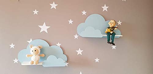 Juego de 2 estantes de pared Happy Woody Cloud para guardería/estante flotante de madera/decoración de habitación de bebé/habitación de cuarto de niños/decoración de pared/juego de regalo (azul)