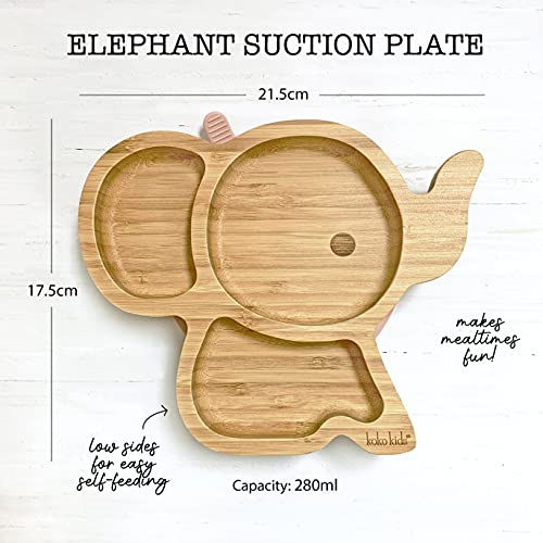 Juego de destete de bambú y silicona ~ Placa de succión de elefante, cuenco de bambú más taza de silicona y cuchara. (rosa)