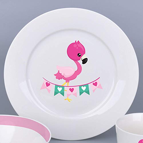 Juego de Vajilla para Niños de 3 Piezas - Durable Vegano Primer Porcelana Vajilla Set para Bebés - Plato, Taza y Tazón con un Diseño de Flamenco - Regalo para Chicas, Niño Pequeño