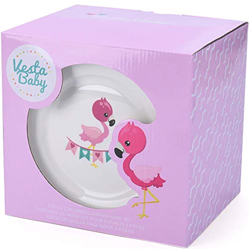 Juego de Vajilla para Niños de 3 Piezas - Durable Vegano Primer Porcelana Vajilla Set para Bebés - Plato, Taza y Tazón con un Diseño de Flamenco - Regalo para Chicas, Niño Pequeño