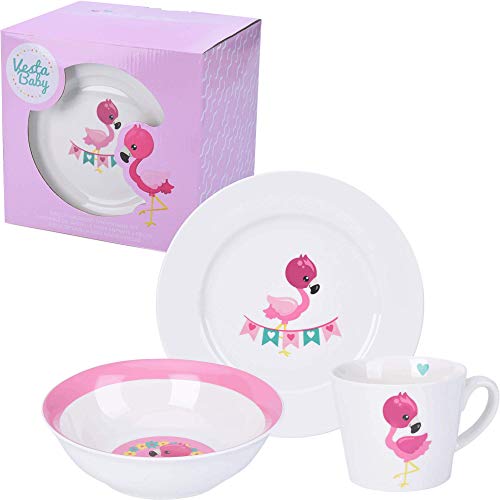 Juego de Vajilla para Niños de 3 Piezas - Durable Vegano Primer Porcelana Vajilla Set para Bebés - Plato, Taza y Tazón con un Diseño de Flamenco - Regalo para Chicas, Niño Pequeño