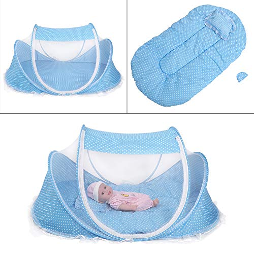 JULYKAI Tienda de Playa para bebés, mosquitera Plegable portátil Anti-Bug Cuna Tienda de Cuna con Almohada de colchón para bebé Tienda de Viaje portátil para bebés(Azul)