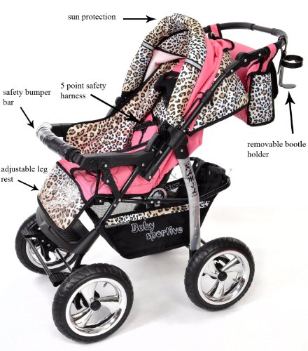 Kamil, Classic 3-in-1 Travel System with 4 STATIC (FIXED) WHEELS incl. Baby Pram, Car Seat, Pushchair & Accessories (3-in-1 Travel System, Pink & Leopard)