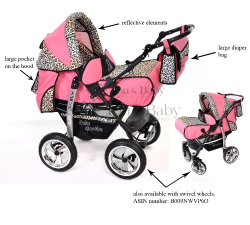 Kamil, Classic 3-in-1 Travel System with 4 STATIC (FIXED) WHEELS incl. Baby Pram, Car Seat, Pushchair & Accessories (3-in-1 Travel System, Pink & Leopard)