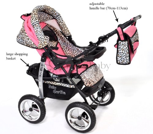 Kamil, Classic 3-in-1 Travel System with 4 STATIC (FIXED) WHEELS incl. Baby Pram, Car Seat, Pushchair & Accessories (3-in-1 Travel System, Pink & Leopard)