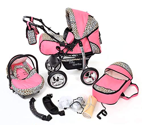 Kamil, Classic 3-in-1 Travel System with 4 STATIC (FIXED) WHEELS incl. Baby Pram, Car Seat, Pushchair & Accessories (3-in-1 Travel System, Pink & Leopard)