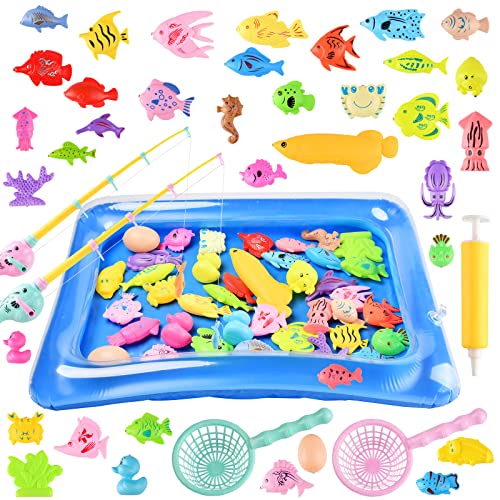 KCCCT 45Pcs Juguete de Pesca para Niños,Juego de Pesca Juguete Educativo&Interactivo de Pesca con Caña Juegos de Agua para Bañera y Deportes al Aire Libre para Bebé