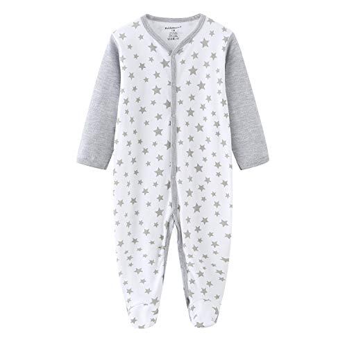 Kiddiezoom Mamelucos de algodón con pies de ajuste cómodo pijama de manga larga Onsises Sleepsuit, Oso gris y estrella y oso a rayas, 6 mes