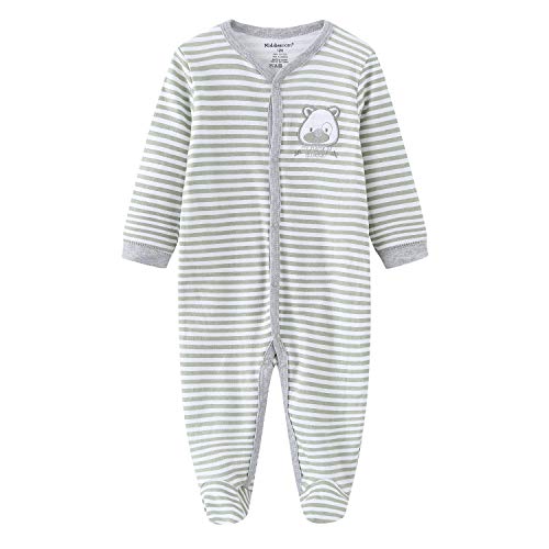 Kiddiezoom Mamelucos de algodón con pies de ajuste cómodo pijama de manga larga Onsises Sleepsuit, Oso gris y estrella y oso a rayas, 6 mes