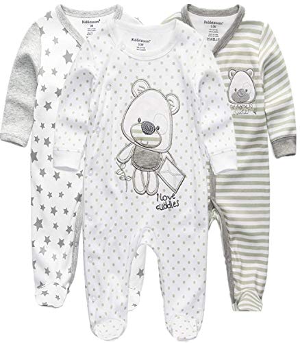 Kiddiezoom Mamelucos de algodón con pies de ajuste cómodo pijama de manga larga Onsises Sleepsuit, Oso gris y estrella y oso a rayas, 6 mes