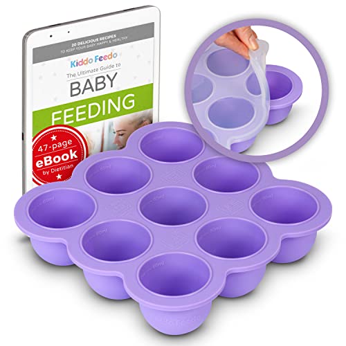 KIDDO FEEDO Recipiente para comida de bebé - Envase de silicona para congelar alimentos y papillas - 7 colores - Sin BPA - eBook gratis del autor/dietista - Púrpura