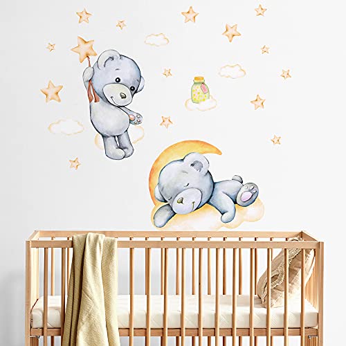 kina R00576 Pegatina Pared Suave Efecto Tejido Reposicionable Osos Luna Decoración Pared Niño Bebé Habitación Infantil Papel Pintado Adhesivo