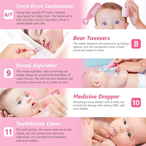 Kit De Aseo para Bebés,Conjunto de Cuidado de Seguridad para Bebés con Cepillo de Pelo Peine CLIPPERS CLIMPER NASAL Aspirator Bebé Termómetro Para Niños Recién Nacidos Niña niña Manténgase limpio(rosa