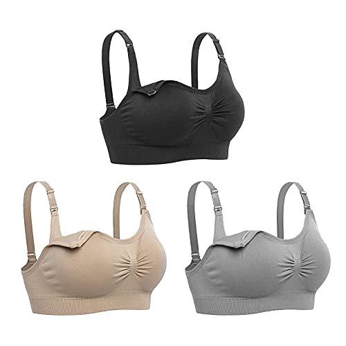 KLKIT Paquete de 3 sujetadores de lactancia para mujer, sin costuras, sujetador de lactancia materna, bralette con extensiones extraíbles de prevención de derrames, Negro+gris+amarillo almendra, XL