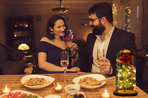 La Bella y La Bestia Rosa Encantada, shirylzee Rosa Eterna Flower Lamp en Glass Dome Luces LED Rosa de Seda Roja Regalos para Día de Día de la Madre,Cumpleaños, San Valentín Aniversario Bodas