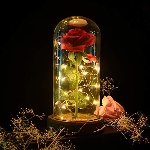 La Bella y La Bestia Rosa Encantada, shirylzee Rosa Eterna Flower Lamp en Glass Dome Luces LED Rosa de Seda Roja Regalos para Día de Día de la Madre,Cumpleaños, San Valentín Aniversario Bodas