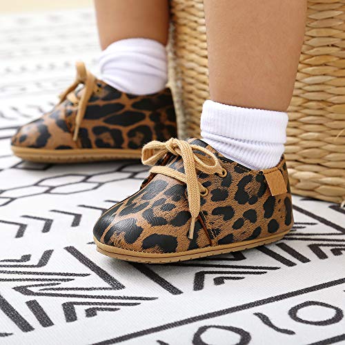 LACOFIA Zapatos Oxford con Cordones para Bebé Niños Zapatillas Primeros Pasos Antideslizantes para Bebés Leopardo 6-12 Meses