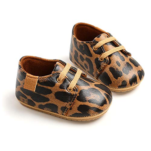 LACOFIA Zapatos Oxford con Cordones para Bebé Niños Zapatillas Primeros Pasos Antideslizantes para Bebés Leopardo 6-12 Meses