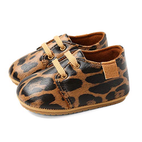 LACOFIA Zapatos Oxford con Cordones para Bebé Niños Zapatillas Primeros Pasos Antideslizantes para Bebés Leopardo 6-12 Meses