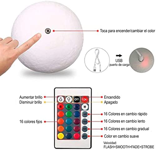 Lámpara Luna 3D Personalizada con foto y texto. Carga USB, controlador táctil, diámetro 15 cm. Regalo cumpleaños, nacimientos, bodas, para hombres, mujeres y niños. (16 Colores)