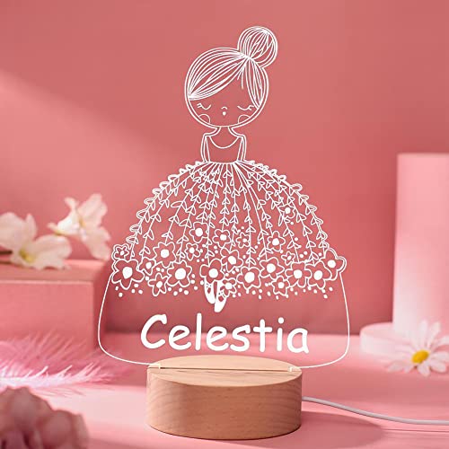 Lamparas de Mesita de Noche Para Niños y Bebés - Lampara Led Personalizadas Navidad - Amor - Parejas - Amigos - Familiares - 2022 - Escritorio - Cumpleaños -Madera Foto Nombre Techo (NIÑA-VESTIDO)