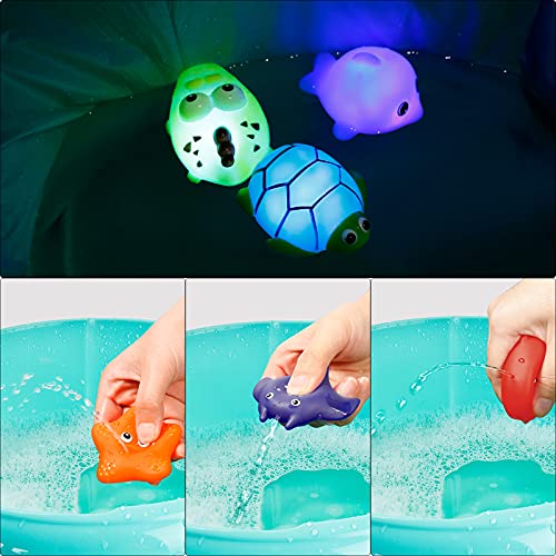 LEADSTAR Juguete de Baño para Bebé de 1 2 3 Años,7pcs Juguetes de Baño para Bebé Niños,Luminosos Juguetes Flotante con Bolsillo de Red Animales Marinos Coloridos para Bebés Baño Piscina Playa