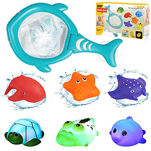 LEADSTAR Juguete de Baño para Bebé de 1 2 3 Años,7pcs Juguetes de Baño para Bebé Niños,Luminosos Juguetes Flotante con Bolsillo de Red Animales Marinos Coloridos para Bebés Baño Piscina Playa