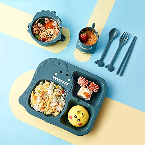 Leezo Juego de 6 piezas de suplemento alimenticio para niños con placa de cuadrícula antiadherente, plato de cena para niños