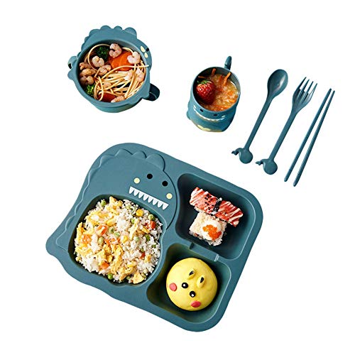 Leezo Juego de 6 piezas de suplemento alimenticio para niños con placa de cuadrícula antiadherente, plato de cena para niños