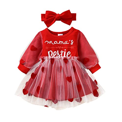 Lerrita Vestido para bebé de San Valentín, para niña, 2 piezas, falda para el Día de la Madre, de manga larga, con corazón, estampado de princesa, tul con cinta, Corazón rojo., 12-18 Meses