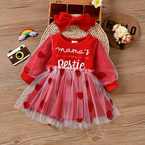 Lerrita Vestido para bebé de San Valentín, para niña, 2 piezas, falda para el Día de la Madre, de manga larga, con corazón, estampado de princesa, tul con cinta, Corazón rojo., 12-18 Meses