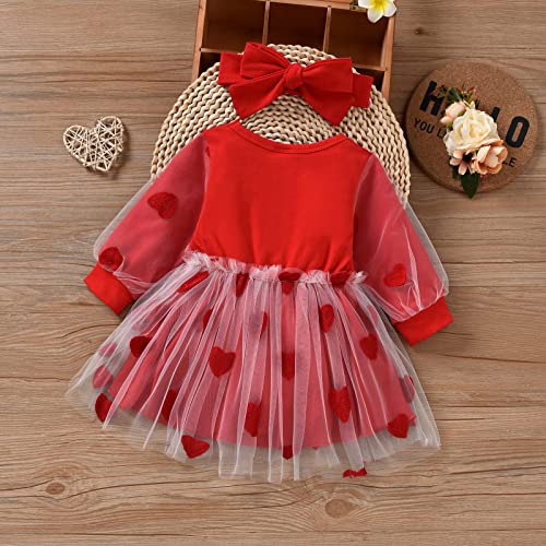 Lerrita Vestido para bebé de San Valentín, para niña, 2 piezas, falda para el Día de la Madre, de manga larga, con corazón, estampado de princesa, tul con cinta, Corazón rojo., 12-18 Meses