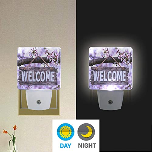 LINGF Nachtlicht Holz Wort Willkommensblume, sensor automático LED Nachtlicht Lampe Down to Dusk Plug-in Glühbirne für Kinder Jungen Mädchen Erwachsene Zimmer Flur, 2er paquete