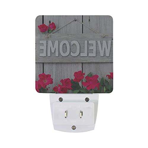 LINGF Nachtlicht Holz Wort Willkommensblume, sensor automático LED Nachtlicht Lampe Down to Dusk Plug-in Glühbirne für Kinder Jungen Mädchen Erwachsene Zimmer Flur, 2er paquete