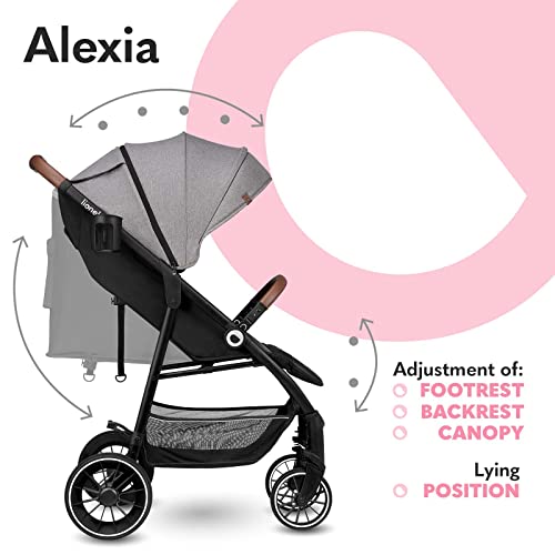 LIONELO Alexia silla de paseo hasta 15 kg posición tumbada capota XXL con material protector solar ruedas PU bolsa mosquitero portavasos cubierta para las piernas (Gris)