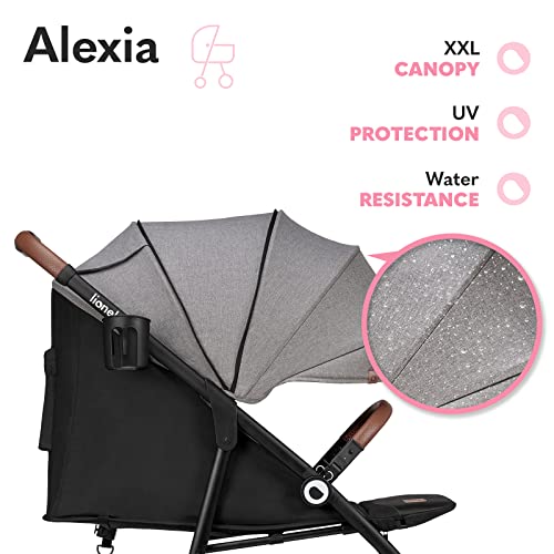 LIONELO Alexia silla de paseo hasta 15 kg posición tumbada capota XXL con material protector solar ruedas PU bolsa mosquitero portavasos cubierta para las piernas (Gris)