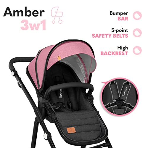 LIONELO Amber Coche de bebé multifuncional 3 en 1 Conjunto silla de paseo con el Asiento de Cubo e Capazo Manillar regulable Bolsa Mosquitero Protector de lluvia Asiento de coche (rosa)