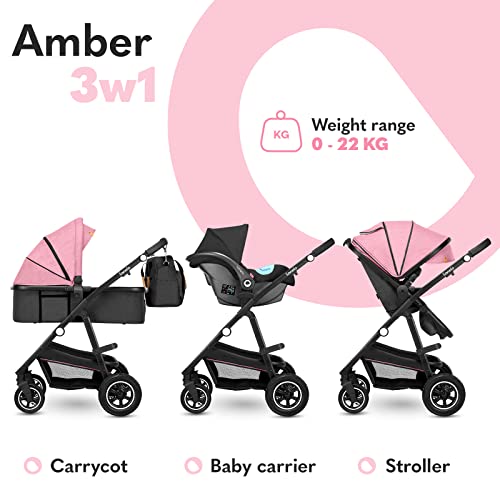 LIONELO Amber Coche de bebé multifuncional 3 en 1 Conjunto silla de paseo con el Asiento de Cubo e Capazo Manillar regulable Bolsa Mosquitero Protector de lluvia Asiento de coche (rosa)