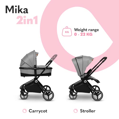 LIONELO Mika coche de bebé 2en1 coche para bebé, carrito para bebé, cochecito de bebé, silla de paseo, cochecito bebé, protector de lluvia, funda para las piernas, mosquitera, carrito bebé (Gris)