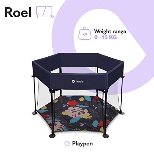 LIONELO Roel parque infantil bebe de 6 meses a 15 kg Cubiertas antideslizantes para las patas forma hexagonal bloqueo de plegado LockGuard plegado rápido bolsa de transporte (Azul)