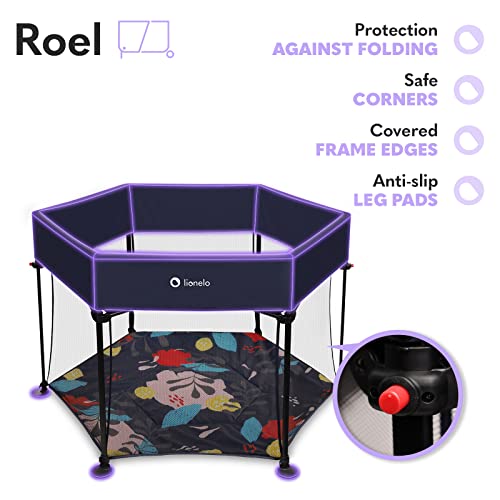 LIONELO Roel parque infantil bebe de 6 meses a 15 kg Cubiertas antideslizantes para las patas forma hexagonal bloqueo de plegado LockGuard plegado rápido bolsa de transporte (Azul)