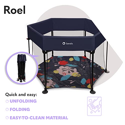 LIONELO Roel parque infantil bebe de 6 meses a 15 kg Cubiertas antideslizantes para las patas forma hexagonal bloqueo de plegado LockGuard plegado rápido bolsa de transporte (Azul)