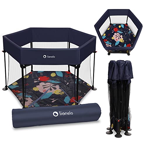 LIONELO Roel parque infantil bebe de 6 meses a 15 kg Cubiertas antideslizantes para las patas forma hexagonal bloqueo de plegado LockGuard plegado rápido bolsa de transporte (Azul)